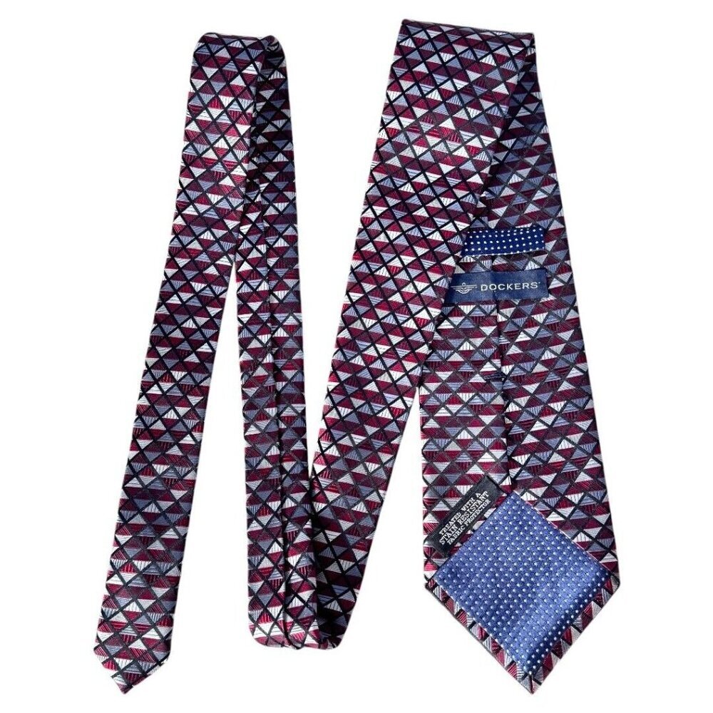 Dockers‎ Mens Neck Tie Burgundy Red grey Geometric Print Woven 100% Silk 4"